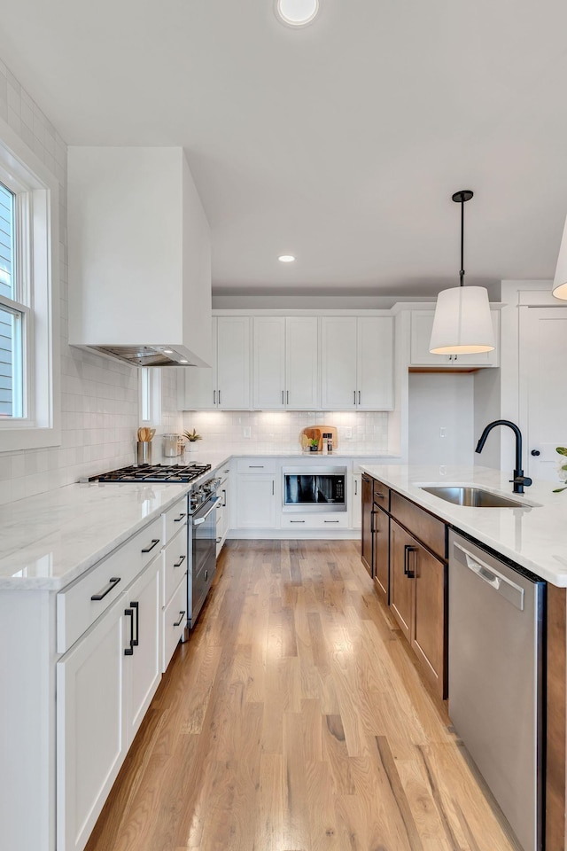 kitchen with a sink, decorative backsplash, light wood-type flooring, custom range hood, and appliances with stainless steel finishes