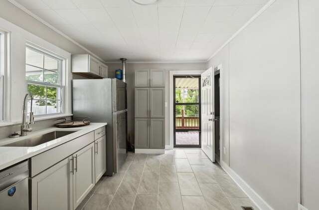 1901 Cherry St, Columbia, TN 38401 - kitchen featuring a sink, appliances with stainless steel finishes, gray cabinets, plenty of natural light, and ornamental molding
