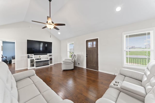 1132 Richland Farms Dr, Manchester, TN 37355 - living area featuring a ceiling fan, vaulted ceiling, wood finished floors, and recessed lighting