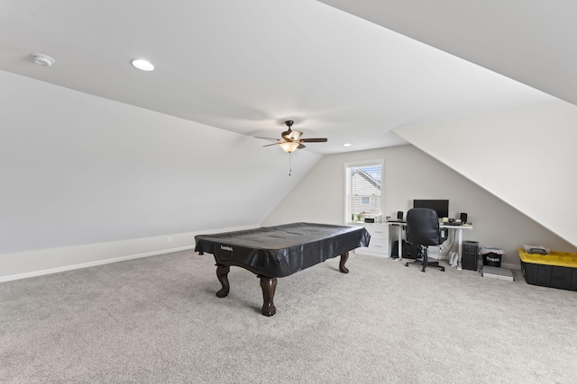 1132 Richland Farms Dr, Manchester, TN 37355 - recreation room with pool table, ceiling fan, lofted ceiling, and carpet