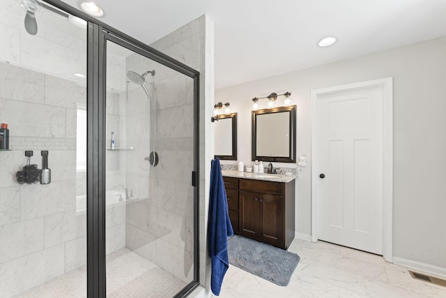 1132 Richland Farms Dr, Manchester, TN 37355 - bathroom featuring vanity, marble finish floor, baseboards, a shower stall, and visible vents