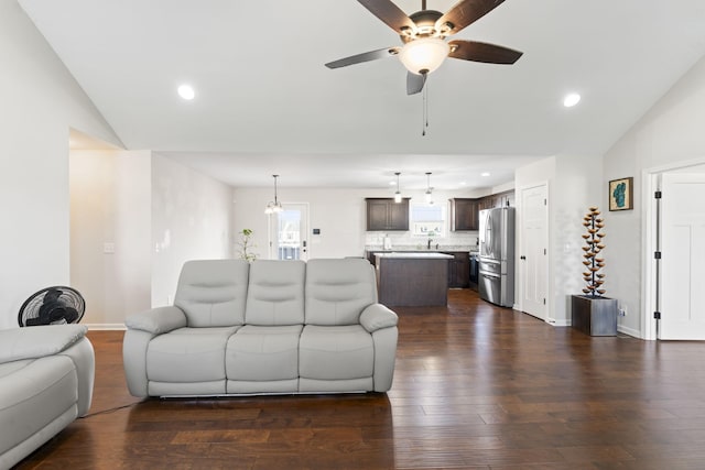 1132 Richland Farms Dr, Manchester, TN 37355 - living area with dark wood-style flooring, a ceiling fan, recessed lighting, and lofted ceiling