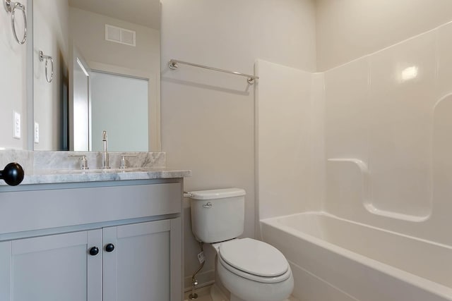 bathroom with toilet, vanity, shower / bath combination, and visible vents