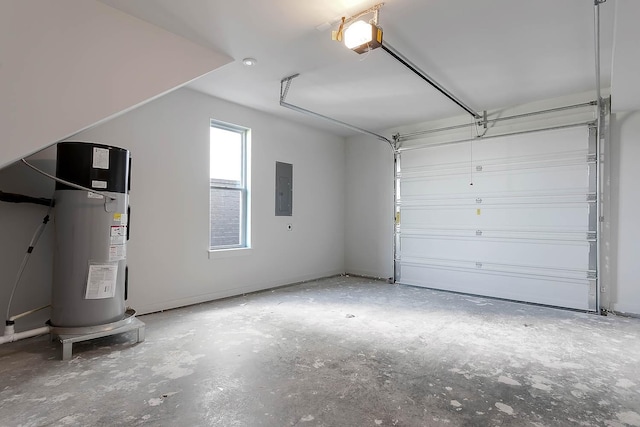 garage with water heater, a garage door opener, and electric panel