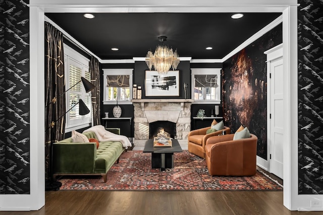 2510 Belmont Blvd, Nashville, TN 37212 - living room featuring a stone fireplace, ornamental molding, and wood finished floors