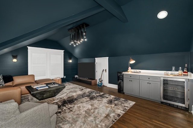 2510 Belmont Blvd, Nashville, TN 37212 - cinema room with lofted ceiling with beams, dark wood-style floors, a bar, and wine cooler