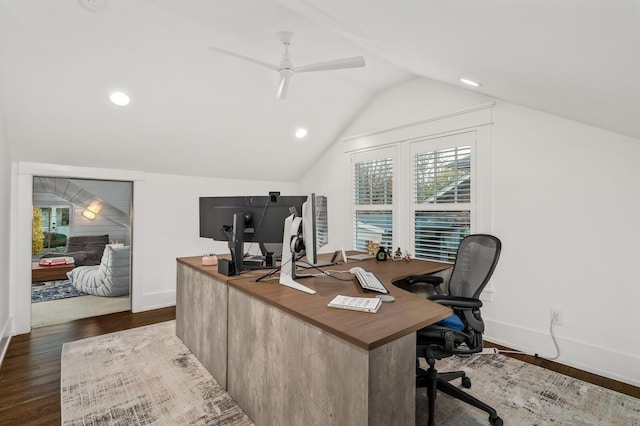 2510 Belmont Blvd, Nashville, TN 37212 - office area featuring dark wood-style flooring, vaulted ceiling, baseboards, recessed lighting, and ceiling fan