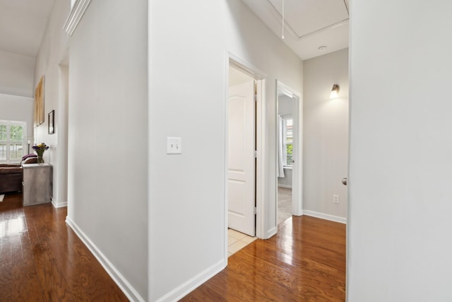 2142 Gold Valley Dr, Murfreesboro, TN 37130 - hallway featuring baseboards, attic access, and wood finished floors