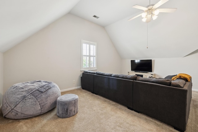 2142 Gold Valley Dr, Murfreesboro, TN 37130 - living area with ceiling fan, light colored carpet, lofted ceiling, and visible vents