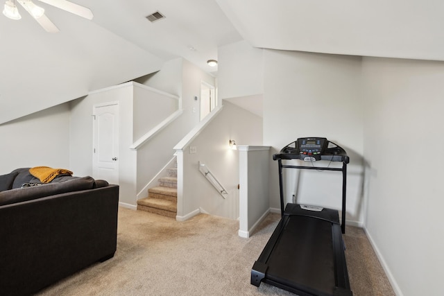 2142 Gold Valley Dr, Murfreesboro, TN 37130 - exercise area with visible vents, a ceiling fan, baseboards, and light carpet