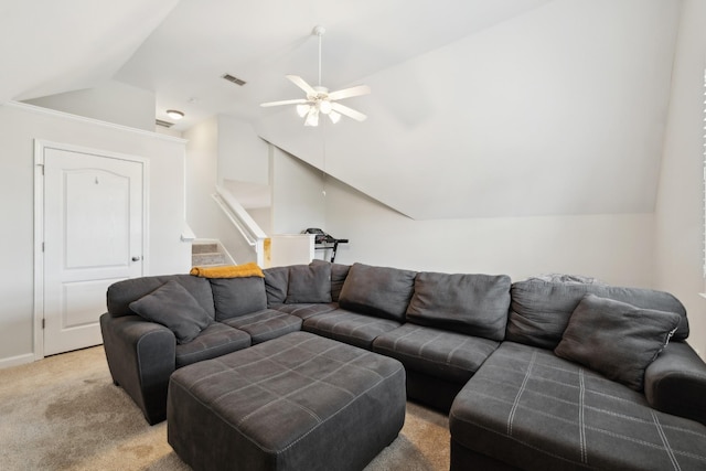 2142 Gold Valley Dr, Murfreesboro, TN 37130 - living area featuring a ceiling fan, vaulted ceiling, carpet, and visible vents