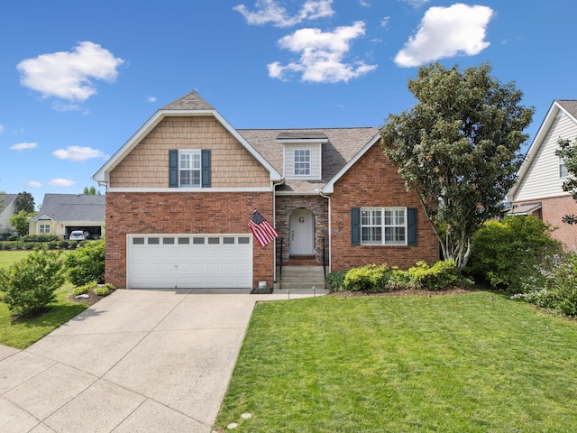 2142 Gold Valley Dr, Murfreesboro, TN 37130 - craftsman house featuring a shingled roof, brick siding, a garage, a front yard, and concrete driveway
