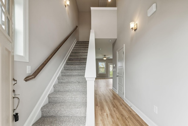 stairs featuring wood finished floors, a high ceiling, baseboards, and ceiling fan
