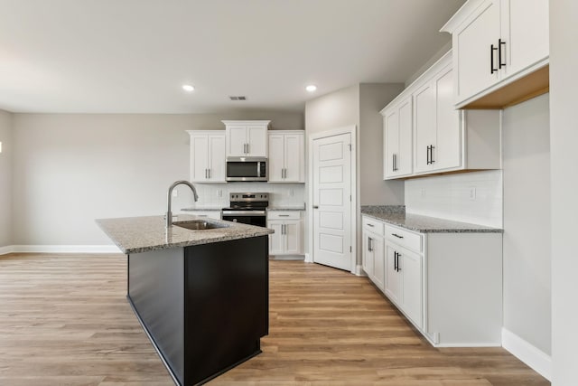 kitchen featuring a sink, decorative backsplash, stainless steel appliances, baseboards, and white cabinetry