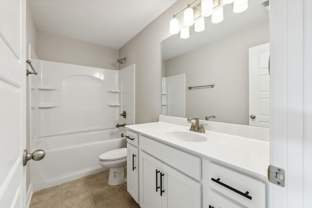 bathroom featuring tile patterned flooring, visible vents, shower / bath combination, toilet, and vanity