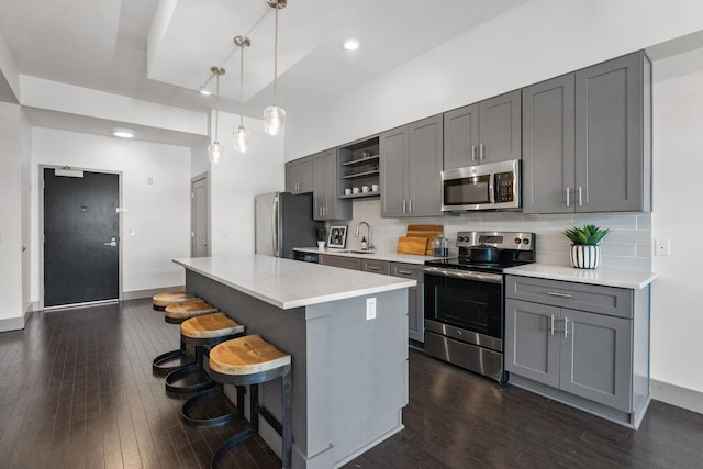 kitchen with gray cabinetry, dark wood-style flooring, stainless steel appliances, and a sink