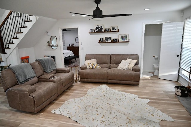 4310 Memory Ln, Adams, TN 37010 - living area featuring ceiling fan, stairs, light wood-type flooring, recessed lighting, and plenty of natural light
