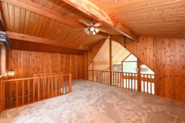 1061 Ridgecrest Dr, Goodlettsville, TN 37072 - additional living space with wood ceiling, beam ceiling, ceiling fan, carpet flooring, and wood walls