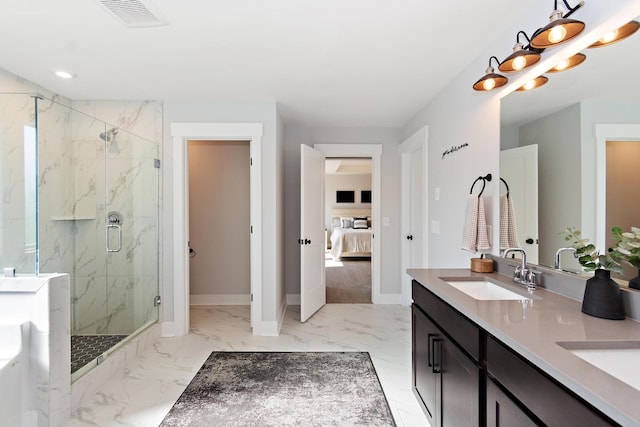 bathroom featuring visible vents, marble finish floor, connected bathroom, a sink, and a marble finish shower