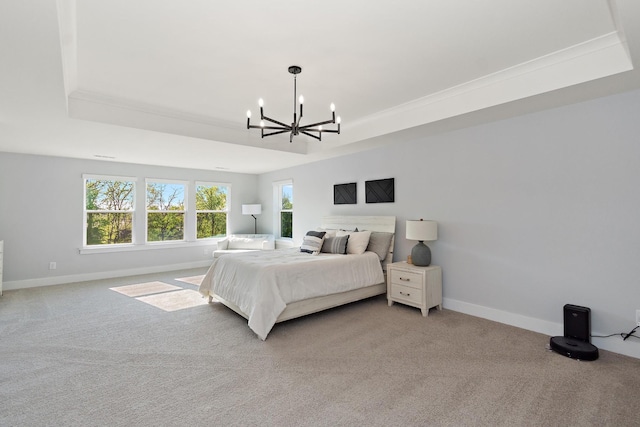 bedroom featuring an inviting chandelier, a raised ceiling, baseboards, and light carpet