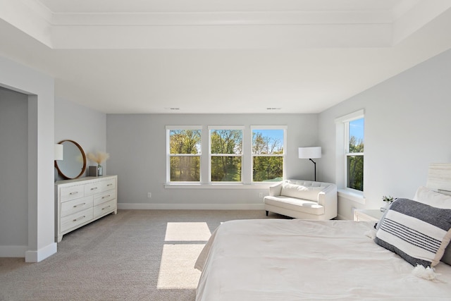 bedroom with baseboards and light carpet