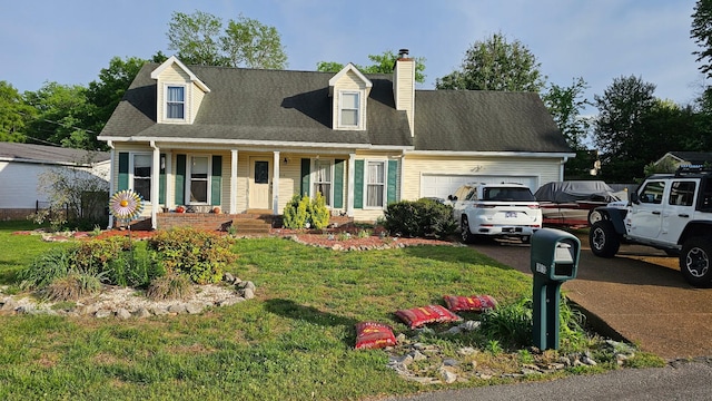 cape cod-style house with a garage, a chimney, concrete driveway, a porch, and a front yard