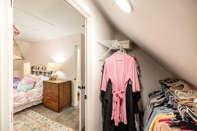 spacious closet featuring attic access, vaulted ceiling, and carpet flooring
