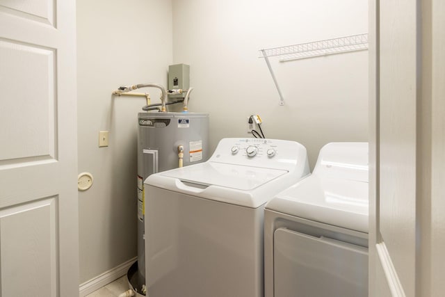 washroom with washing machine and dryer, electric water heater, and laundry area