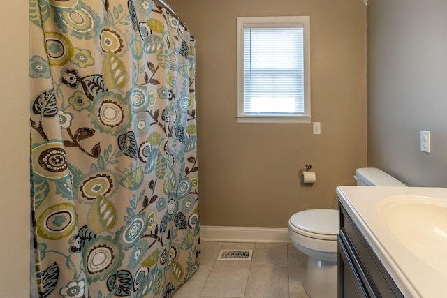 bathroom featuring tile patterned floors, visible vents, toilet, vanity, and baseboards