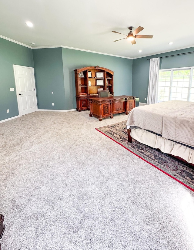 carpeted bedroom featuring recessed lighting, baseboards, ornamental molding, and ceiling fan