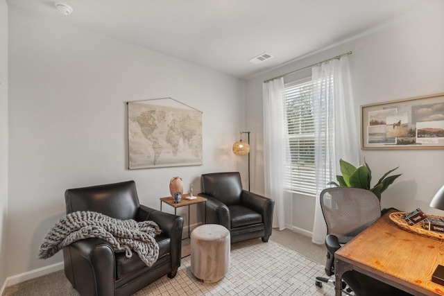 office with light carpet, baseboards, and visible vents