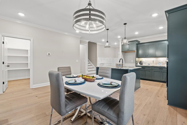 1111 Joe Martin Ln, Lebanon, TN 37087 - dining space with light wood-type flooring, stairway, recessed lighting, and ornamental molding