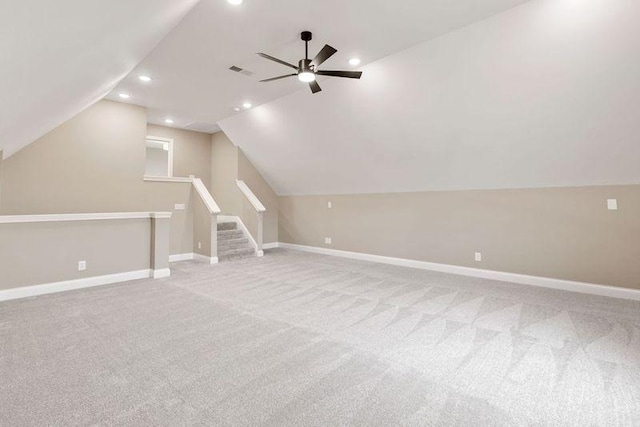 1111 Joe Martin Ln, Lebanon, TN 37087 - bonus room featuring recessed lighting, vaulted ceiling, visible vents, a ceiling fan, and light colored carpet