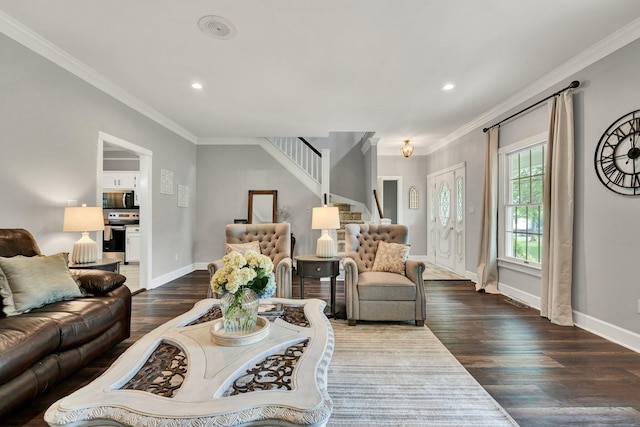 living room featuring ornamental molding, stairs, and dark wood-style floors