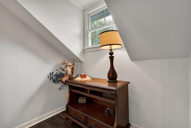 interior details featuring wood finished floors, baseboards, and ornamental molding