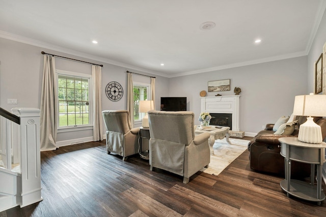 living area featuring a glass covered fireplace, dark wood-style floors, and ornamental molding