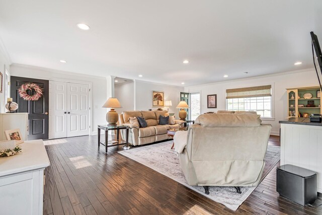 8803 Horton Hwy, College Grove, TN 37046 - living area with dark wood-style flooring, ornamental molding, and recessed lighting