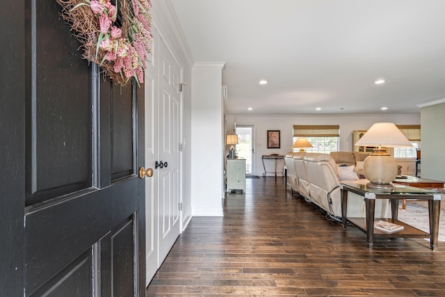 8803 Horton Hwy, College Grove, TN 37046 - foyer featuring baseboards, dark wood-style flooring, crown molding, and recessed lighting