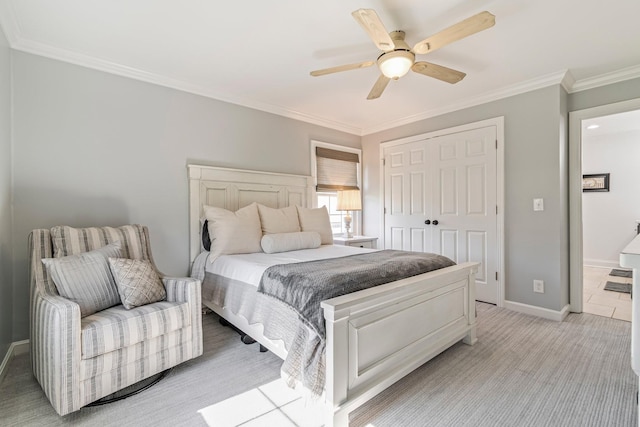 8803 Horton Hwy, College Grove, TN 37046 - bedroom featuring a closet, ceiling fan, light carpet, baseboards, and ornamental molding