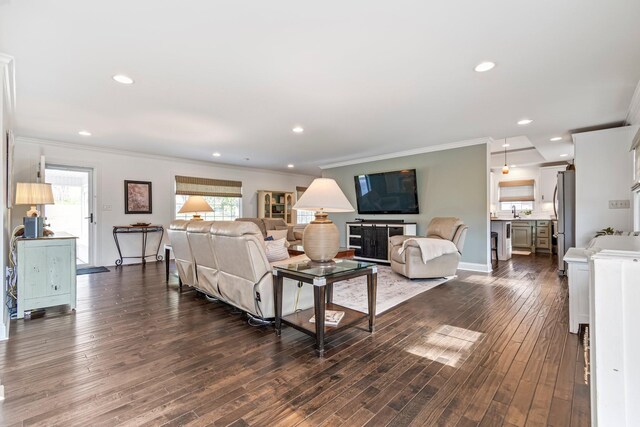 8803 Horton Hwy, College Grove, TN 37046 - living room featuring baseboards, dark wood-style floors, recessed lighting, and crown molding