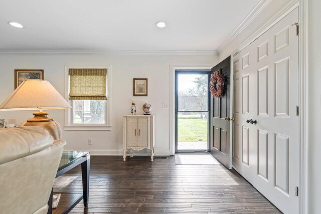 8803 Horton Hwy, College Grove, TN 37046 - foyer entrance featuring dark wood-style flooring, crown molding, and recessed lighting