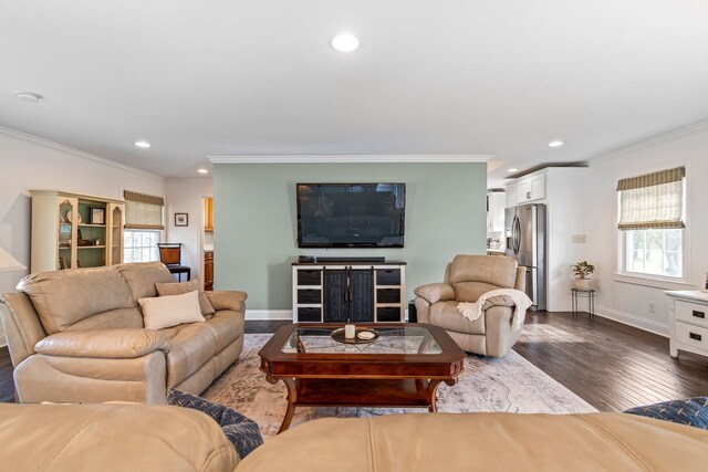 8803 Horton Hwy, College Grove, TN 37046 - living room with crown molding, recessed lighting, dark wood finished floors, and a healthy amount of sunlight