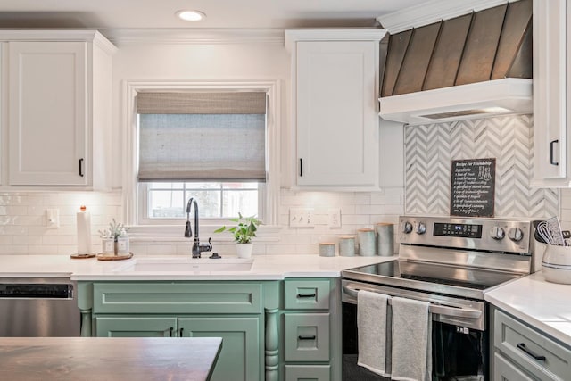 8803 Horton Hwy, College Grove, TN 37046 - kitchen featuring stainless steel appliances, a sink, green cabinets, tasteful backsplash, and custom exhaust hood