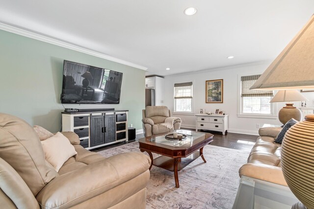 8803 Horton Hwy, College Grove, TN 37046 - living room with wood finished floors, baseboards, recessed lighting, and ornamental molding