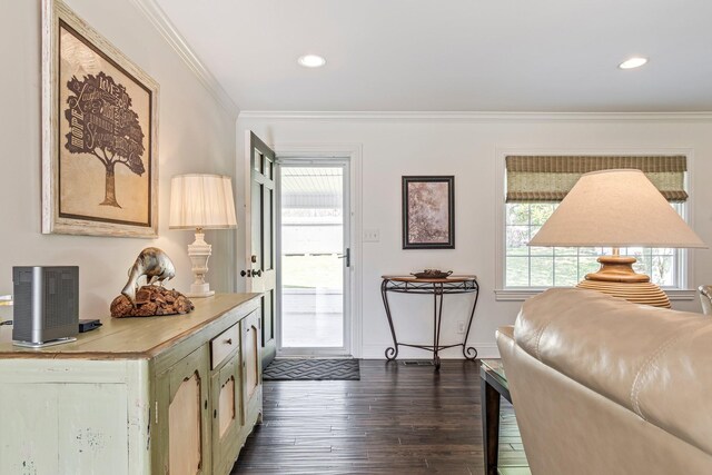 8803 Horton Hwy, College Grove, TN 37046 - interior space with baseboards, a wealth of natural light, ornamental molding, and dark wood finished floors