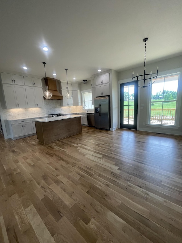 1167 Rock Church Rd, Dickson, TN 37055 - kitchen with white cabinetry, wood finished floors, custom range hood, and appliances with stainless steel finishes