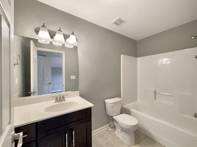 bathroom with tile patterned floors, vanity, baseboards, toilet, and visible vents