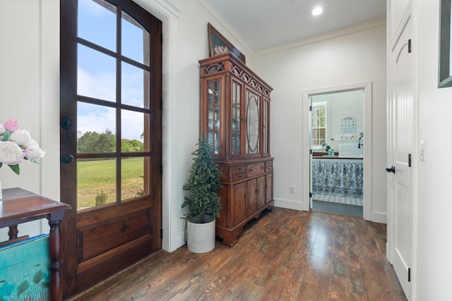 703 Gaither Hinson Rd, Waynesboro, TN 38485 - doorway with crown molding, dark wood finished floors, baseboards, and a healthy amount of sunlight