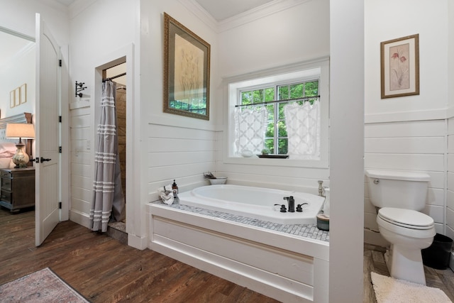 703 Gaither Hinson Rd, Waynesboro, TN 38485 - bathroom with a shower with curtain, a garden tub, crown molding, wood finished floors, and toilet