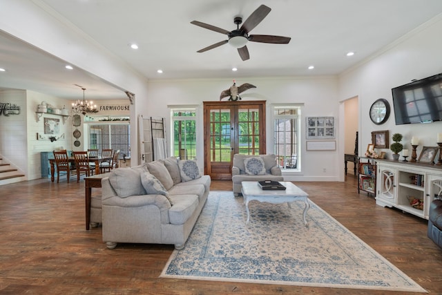 703 Gaither Hinson Rd, Waynesboro, TN 38485 - living room featuring crown molding, recessed lighting, ceiling fan with notable chandelier, and dark wood-type flooring
